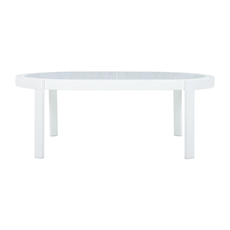 Table basse moderne d'extérieur ovale avec plateau en verre trempé, structure en aluminium blanc, table de patio résistante aux intempéries pour la cour, la terrasse et le bord de la piscine