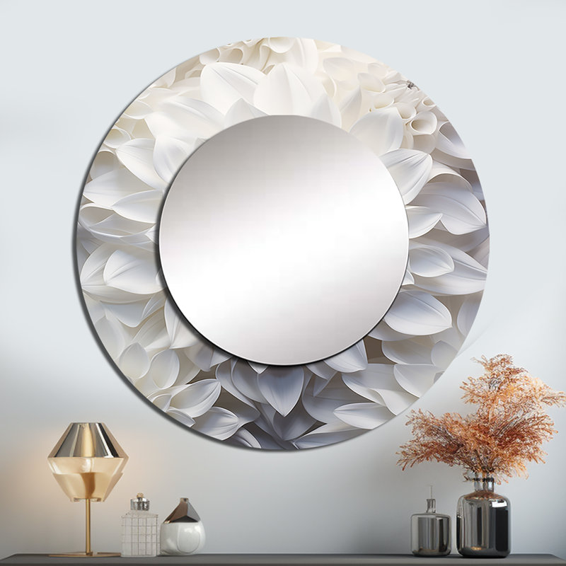 Minimalisme blanc Dahlia - miroir mural Dahlia, miroir décoratif rond traditionnel, impression d'art en métal, 36 po x 36 po