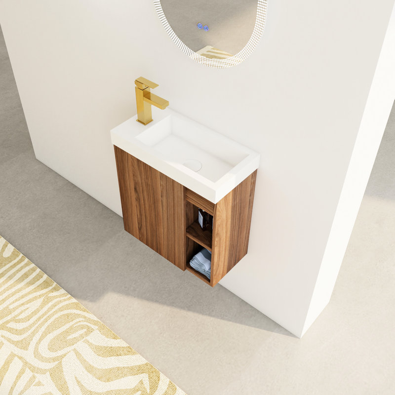 Meuble-lavabo flottant de 20 po, lavabo en résine, porte à fermeture en douceur, aspect contemporain, meuble-lavabo mural moderne au fini noyer, 20 po, compact, sanitaire, couleur