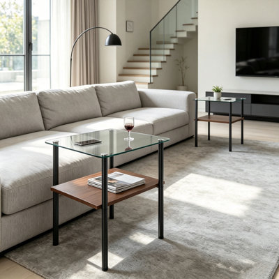 Ensemble de 2 tables d'appoint rectangulaires modernes en verre trempé, tables de bout à 2 niveaux avec pieds en métal et tablette de rangement en panneau de fibres à densité moyenne, table d'appoint minimaliste pour salon et chambre à coucher