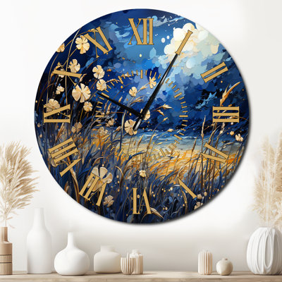 Navy Blue Poppies Field - Meadow Golden Face Wall Clock