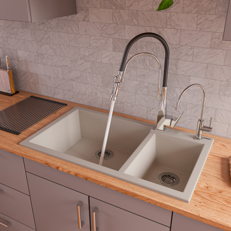 33.88'' L Double Bowl Granite Kitchen Sink, Biscuit