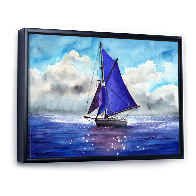 Voilier avec voiles bleues - peinture sur toile, Cadre flottant noir, H 34 po x l 44 po