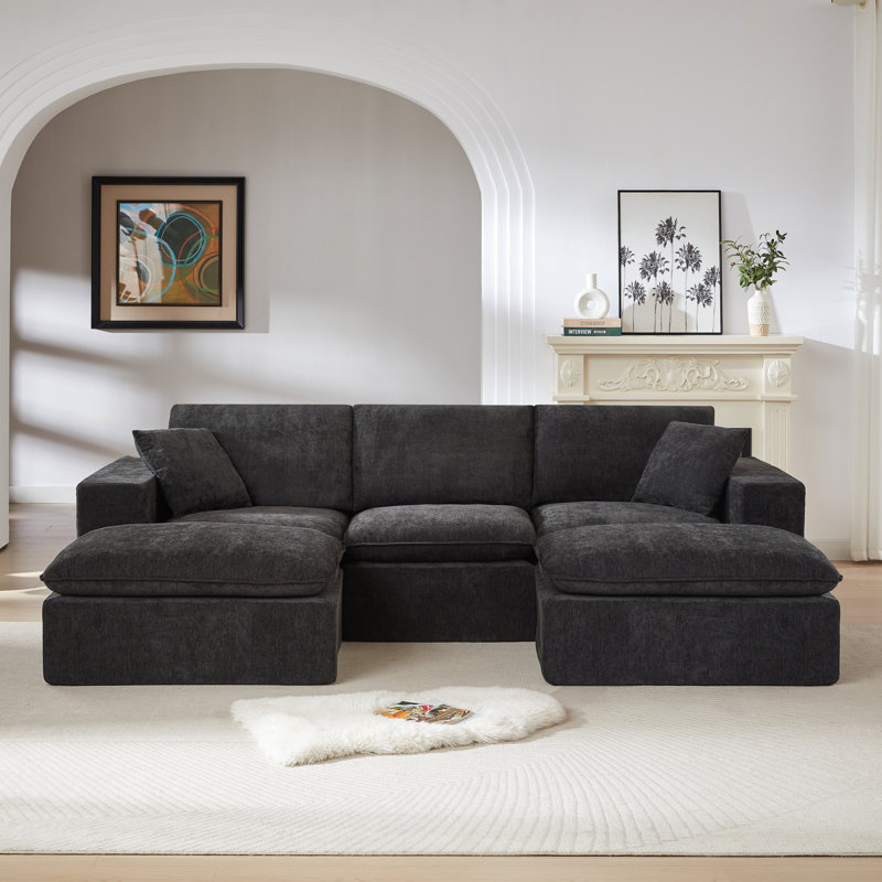 Canapé modulaire rembourré modulaire en chenille désossée à compression, sans assemblage, Forme en U (5 places), Noir