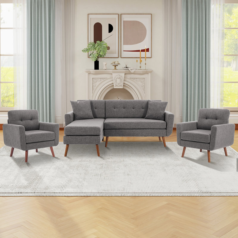 Canapé avec 2 fauteuils, ensemble de salon en lin 3 pièces, Gris