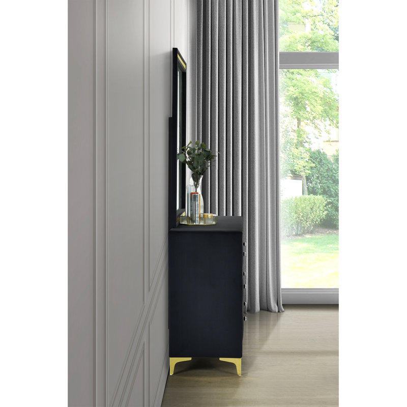 Commode 6 tiroirs avec miroir Schade, Noir, noir, noir, noir