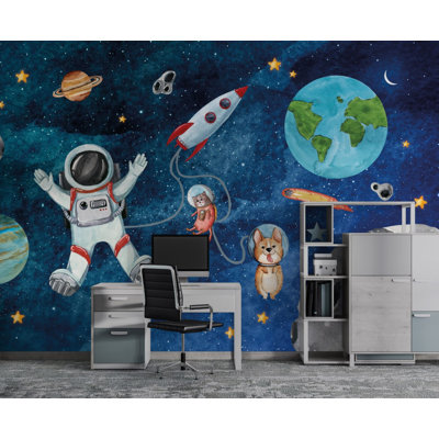 Navy Outer Space Astronaut Kids Wall Mural | Rocket and Planets Galaxy Wallpaper | Non-Woven or Peel and Stick
