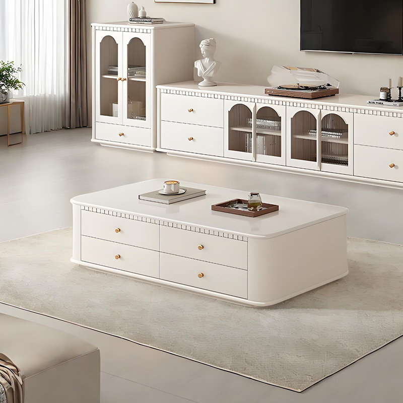 Table basse style français avec verre nervuré, Crème, crème, H 16,53 po x L 55,11 po x l 31,49 po