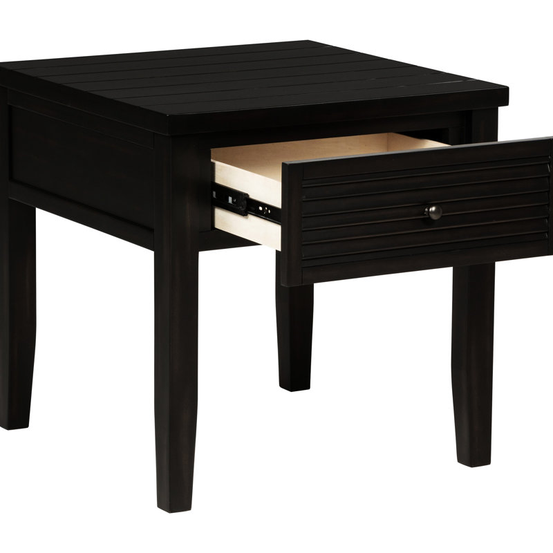 Table de bout carrée vieillie avec plateau en bois et façade à tiroir à persiennes, tiroir simple à charme rustique, finition, bois franc d'ingénierie, pour espaces côtiers