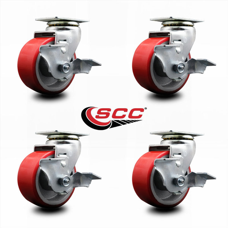 Ensemble de roulettes pour boîte à outils - Roulettes pivotantes en poly 4 po rouge sur fonte - SCC