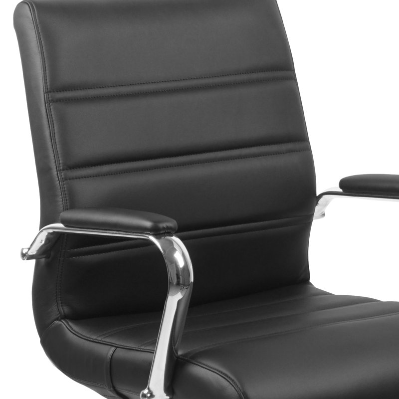 Whitney Ergonomic Upholstered Mid-Back Swivel Office Chair, Black Faux Leather, Chrome