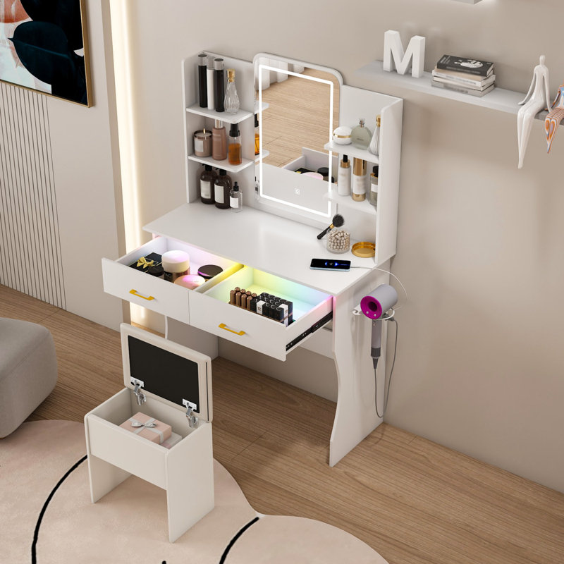 Bureau en bois avec miroir blanc
