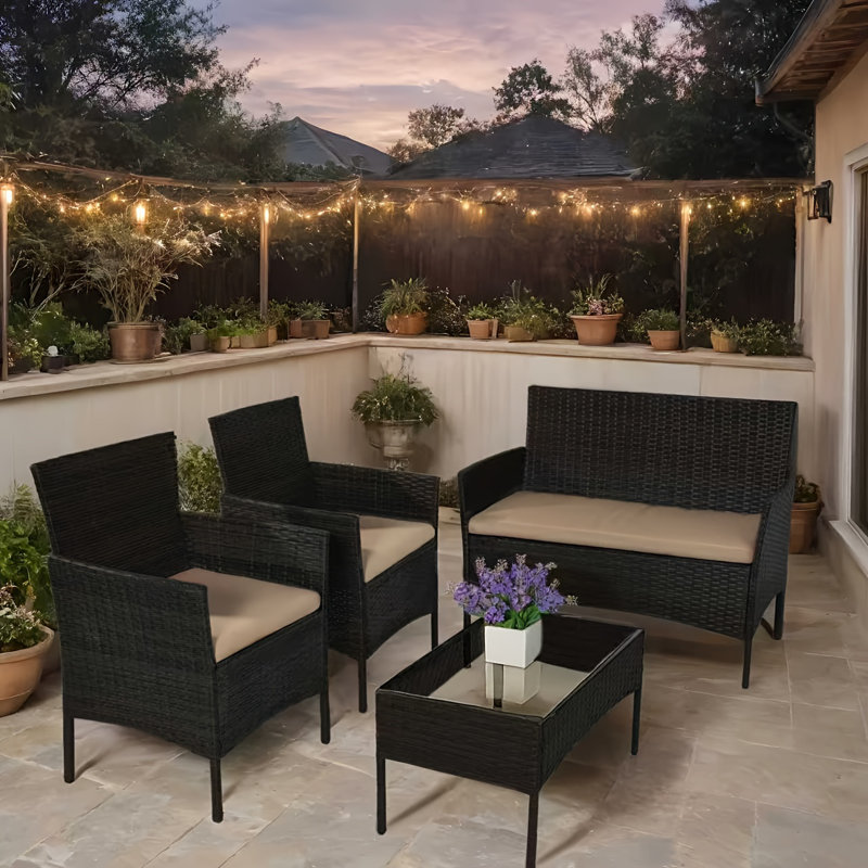 All-Weather Wicker Patio Furniture 4 PCS Set PE Rattan Bistro Loveseat & Table With Soft Cushions- Outdoor Conversation Set,Patio Furniture Outdoor