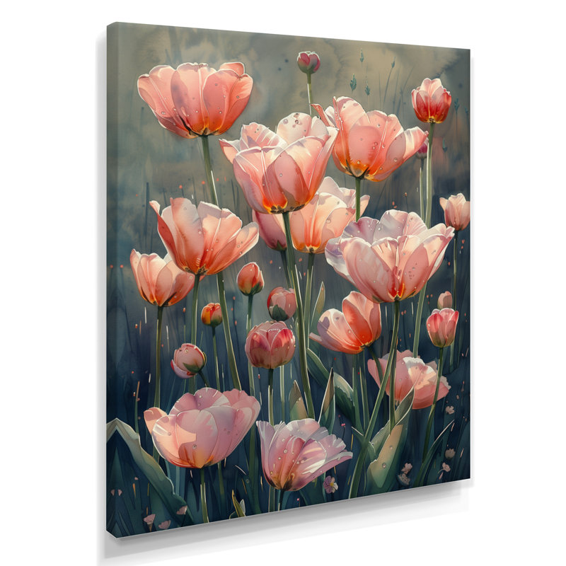Décoration murale tulipes roses et vertes, Toile tendue, H 16 po x l 32 po