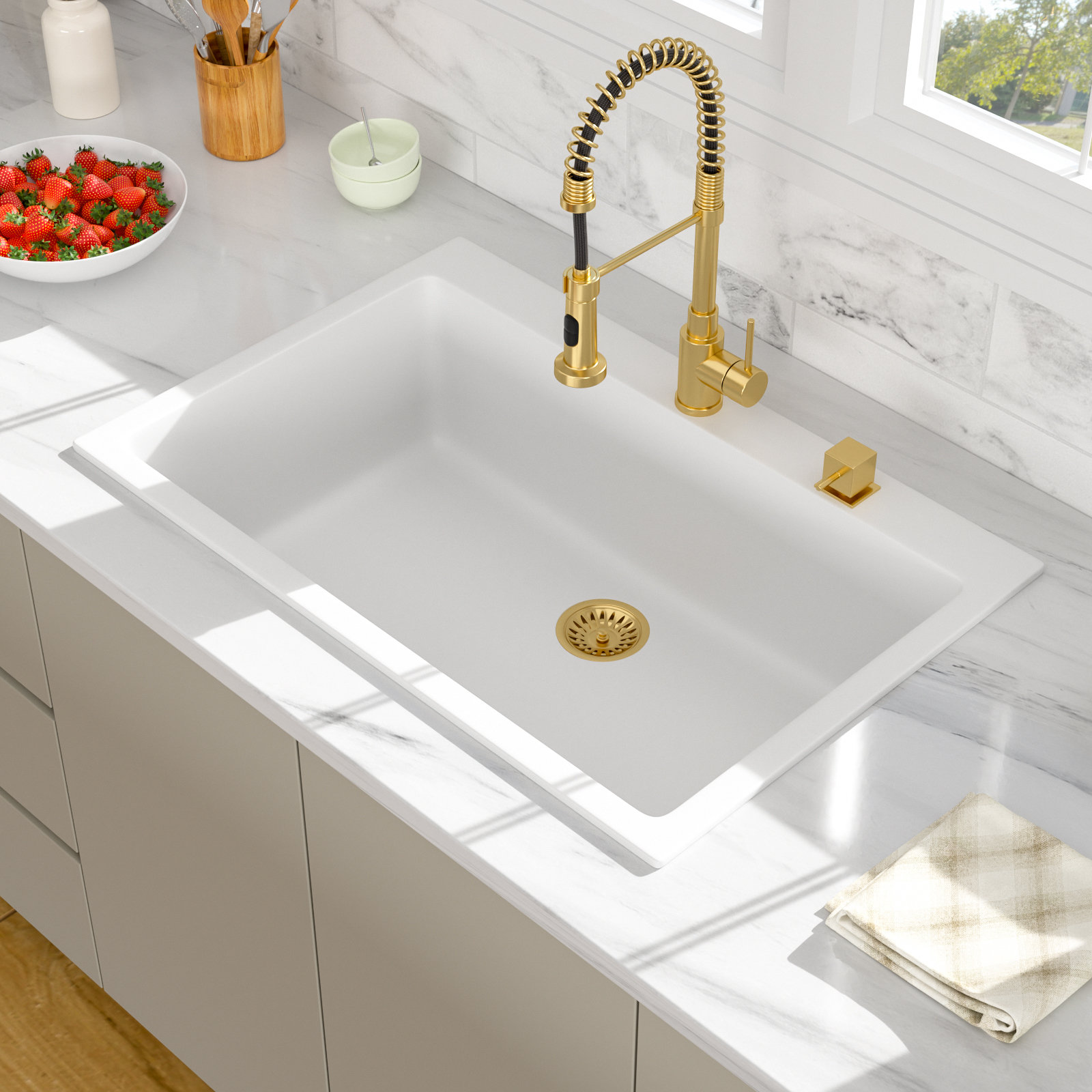 Beslend 33x22 Inch White Composite Drop In Kitchen Sink Granite Composite Kitchen Sink Workstation Topmount Luxury Above Counter Single Bowl Sink Basin - View #4