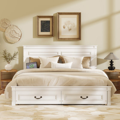 Lit avec tête et pied de lit à grand panneau, 2 tiroirs de rangement, lumières DEL intégrées, station de charge USB, lit en bois de pin avec cadre de lit renforcé