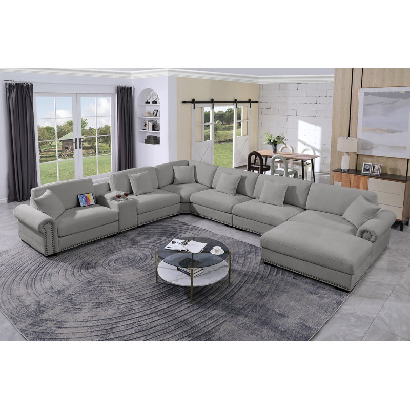 Stimpson 7-Seater Modular Sectional with Cup Holders, Light Gray Chenille