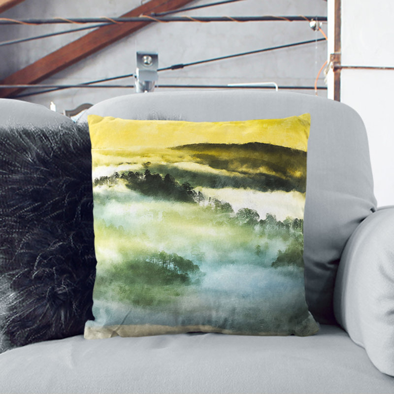 Mist over Da Lat in Vietnam Painting Cushion with Filling, 40cm H x 40cm W x 15cm D, Black