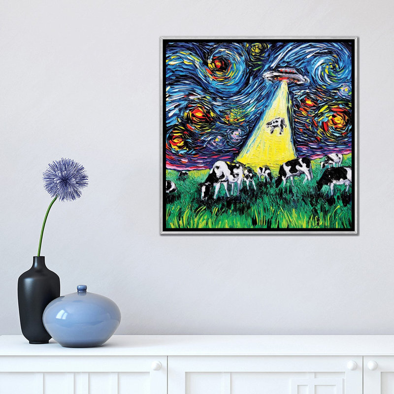 " Van Gogh Was Never Abducted " by Aja Trier, No Mat, Silver Framed Canvas, 18" H x 18" W x 1.5" D