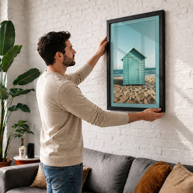 Turquoise Beach Hut Coastal - Framed Print, A4 - 29.7 x 21.0 cm, White