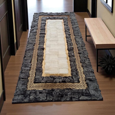 Gray Gold Tuscan Runner Rug, Long Handmade Fur Carpet With Greek Key Border, Custom Size Luxury Entryway Rug, Soft Natural Fur Runner_2 X 7.5 Ft