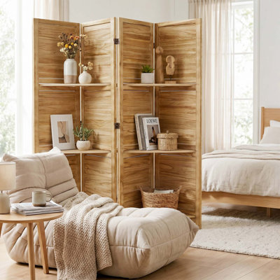5.6 Ft Folding Wood Room Divider with Built-in Shelves & Double Hinges - Reversible Privacy Screen