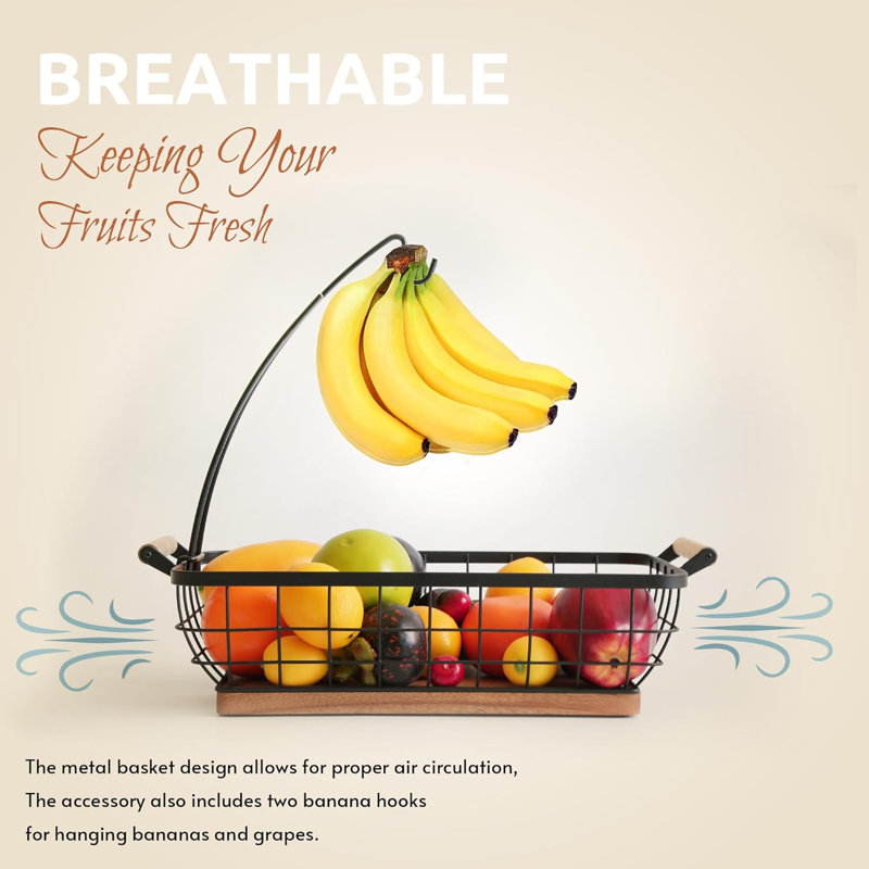 Panier à fruits rectangulaire avec support à banane, bol à fruits en métal avec base en bois