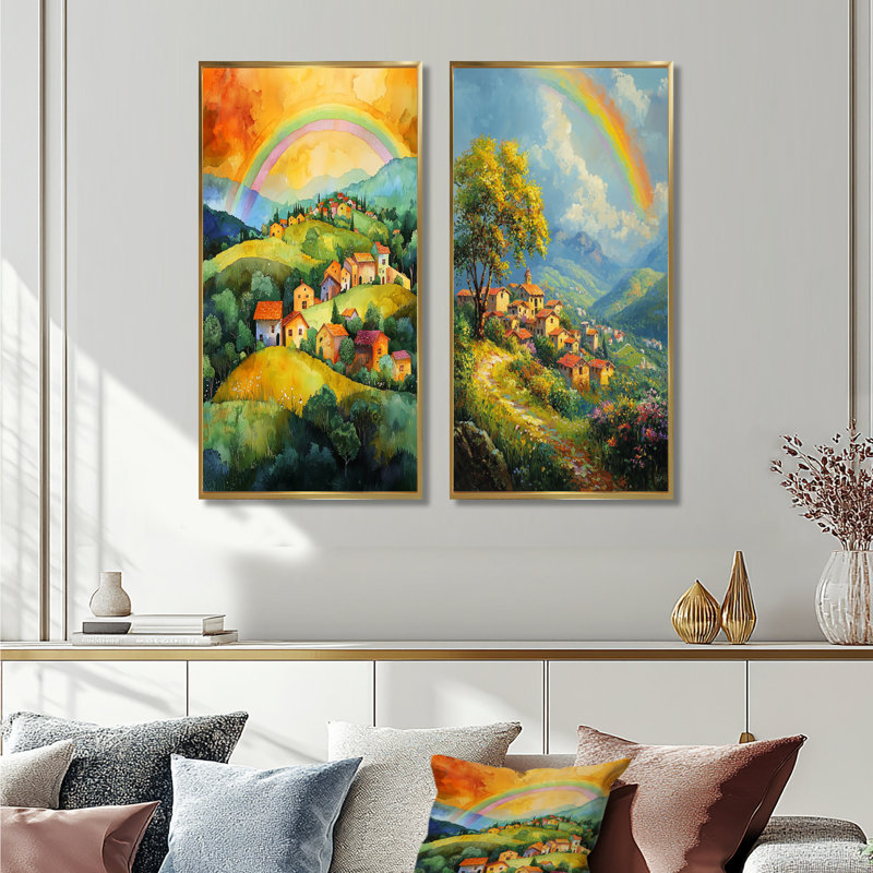 Rainbow Over The Hillside Village I - Collection d'art sur toile 2 panneaux, H 40 po x l 41 po, Cadre flottant doré