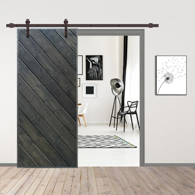 Porte de grange pré-assemblée en bois massif teinté noyer avec ensemble de quincaillerie Modern European Series, Gris