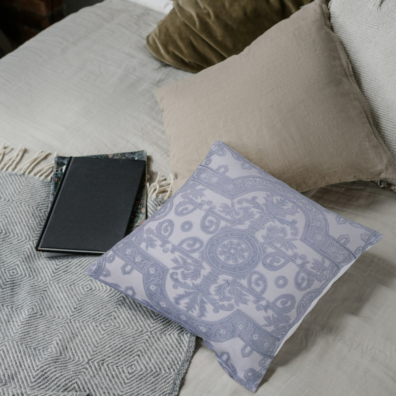 White Linen Square Pillow with Velvet Applique Embroidery