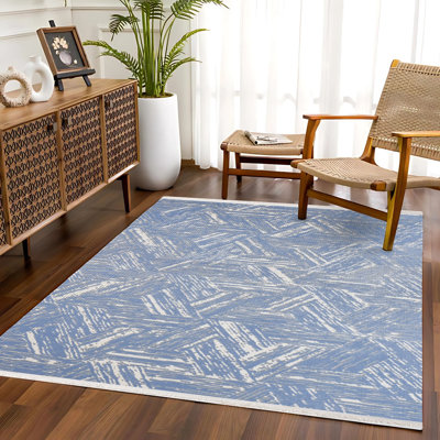 Tapis bleu antidérapant tissé à motif géométrique bleu