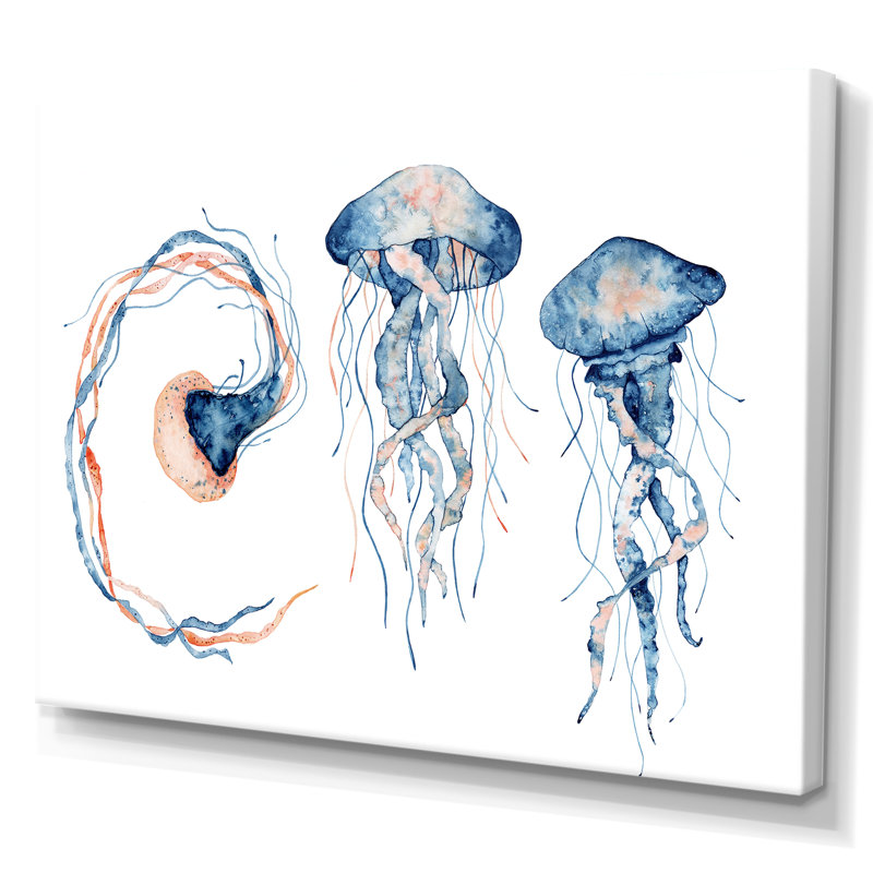 Calmars bleus sur blanc - reproduction sur toile, H 16 po x l 32 po, Toile tendue
