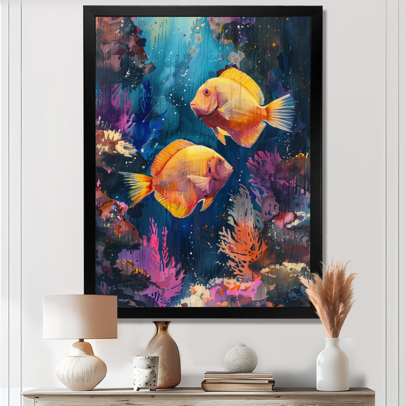 «Blue Orange Coral Marine Life I», impression d'art mural, Cadre flottant noir, H 34 po x l 44 po