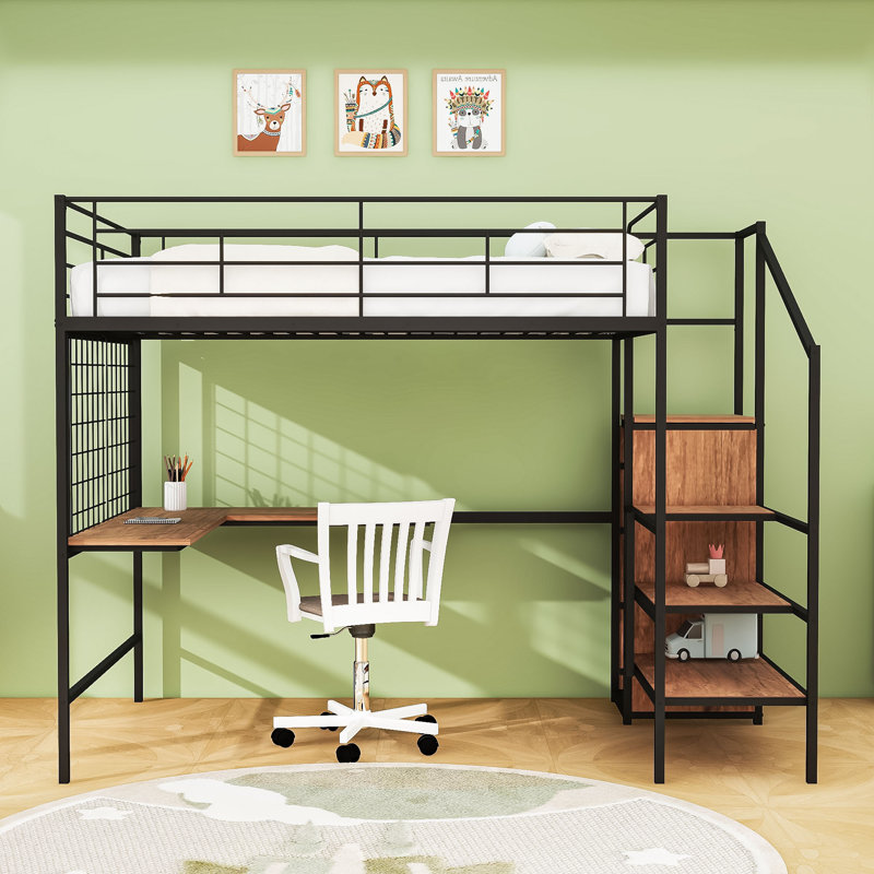 Metal Loft Bed With Desk And Staircases, Black, Full