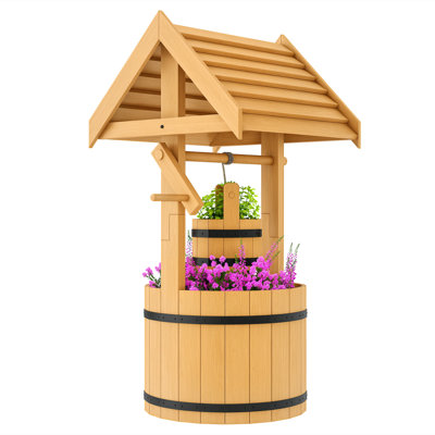 Wishing Well Outdoor Wooden Planter with Hanging Bucket, Orange