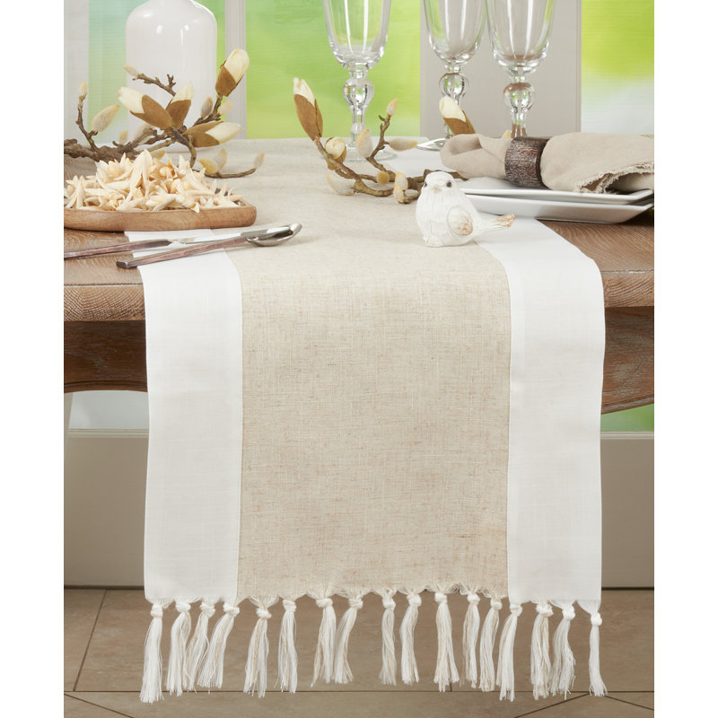 Natural Two-Tone Cotton Table Runner with Tassels