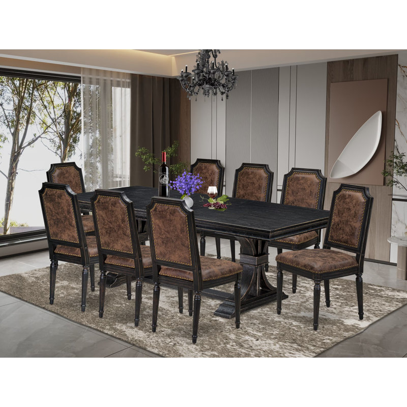 Cet ensemble de table de salle à manger 9 pièces comprend une table de salle à manger et 8 chaises de cuisine en similicuir texturé brun avec dossier haut - fini noir sablé