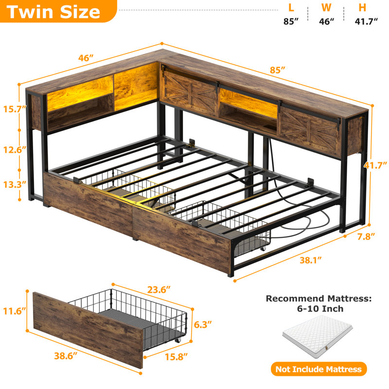 Twin Bed With Bookcase & Drawer, L Shaped Twin Bed Frame With Power Outlet & LED, Brown