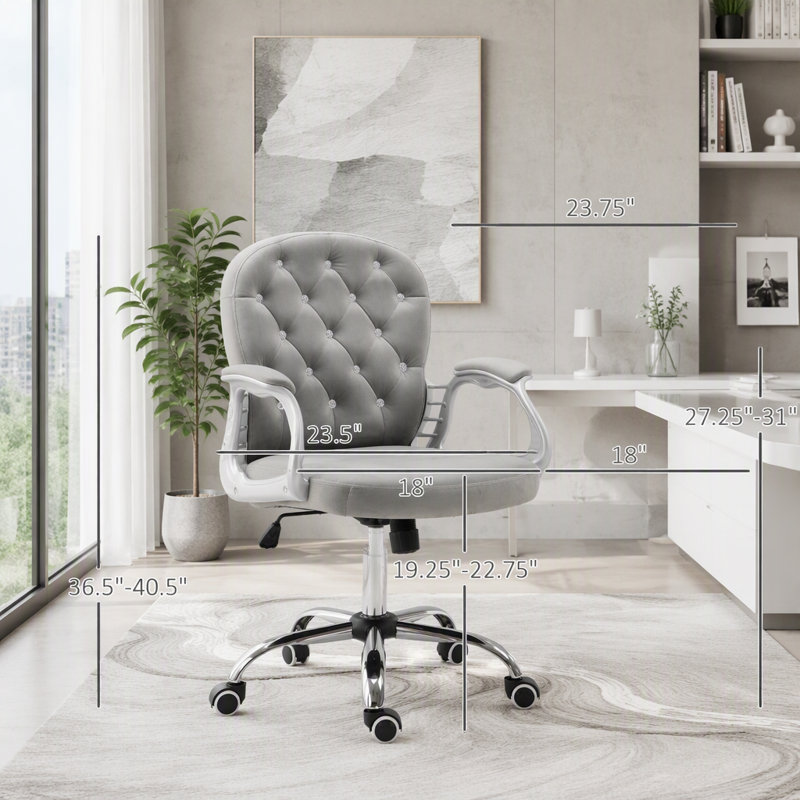 Chaise de bureau en velours capitonnée, Tissu, Gris, Gris