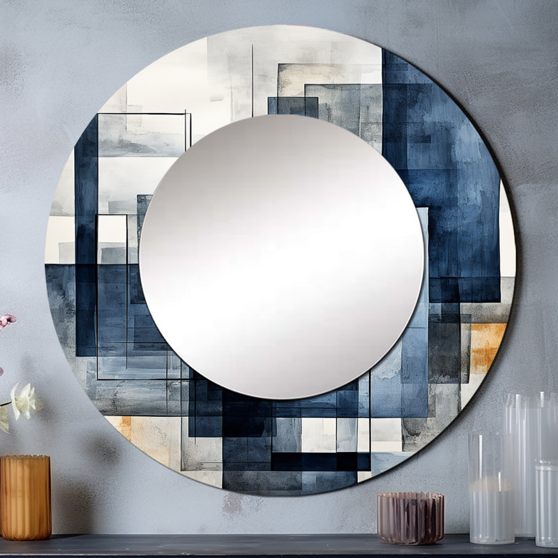 Indigo illusion formes abstraites - miroir de formes abstraites, miroir mural décoratif rond moderne, art imprimé en métal