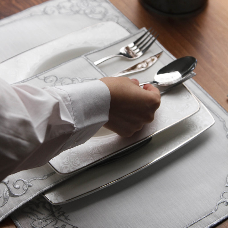 Embroidered White Linen Placemats with Gold Scrollwork – 24pc Elegant Table Mats Set for 6 Person | Islamic Decorative Dining Linens