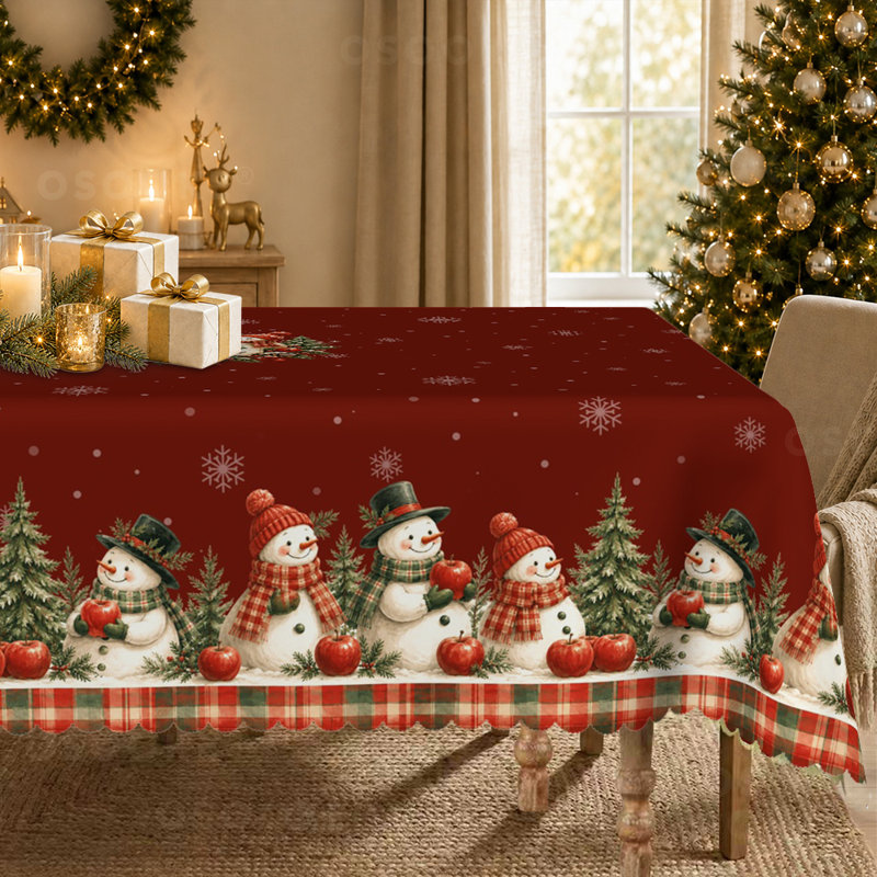 Nappe Christmas Snowman, rouge avec bordure écossaise, Rond 60 po