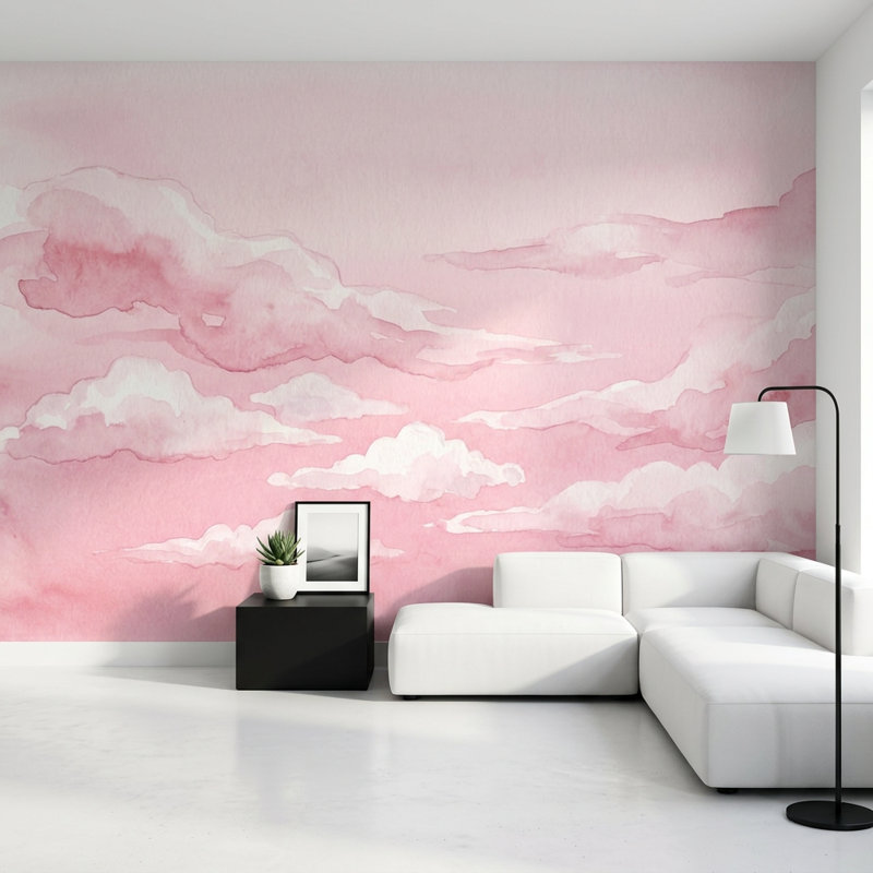 Papier peint rose avec nuages et aquarelle, 120 po x 96 po, Peler et coller