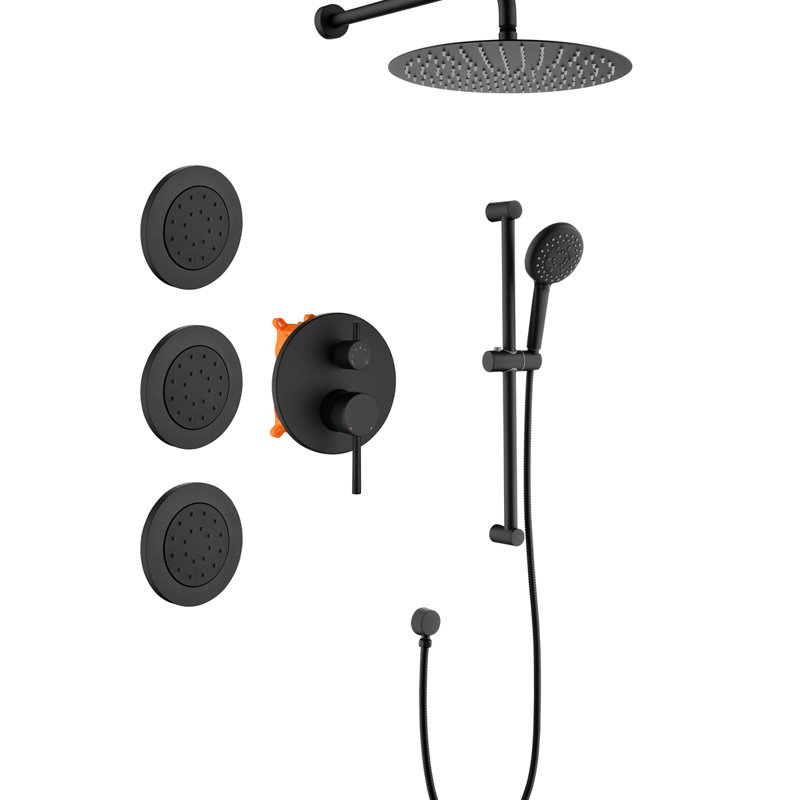 Shower System With Shower Head, Hand Shower, Slide Bar, Bodysprays, Shower Arm, Hose, Valve Trim, And Lever Handles