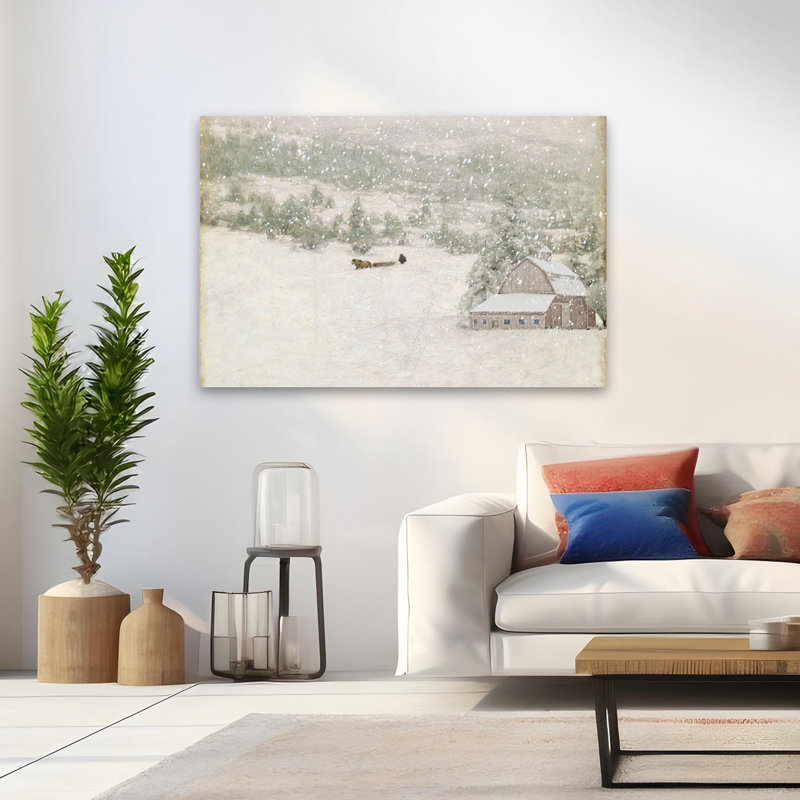 Poignée d'hiver - grange contemporaine dans la neige, champ enneigé, forêt d'hiver, H 48 po x l 32 po