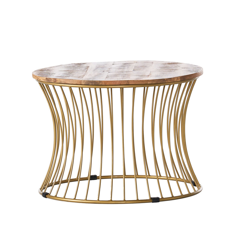Natural Mango Wood and Gold Round Coffee Table with Storage