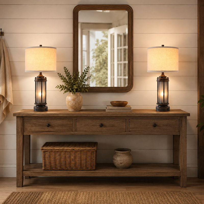 Lot de 2 lampes de table de style ferme en bronze avec ports USB-C et USB-A et veilleuses