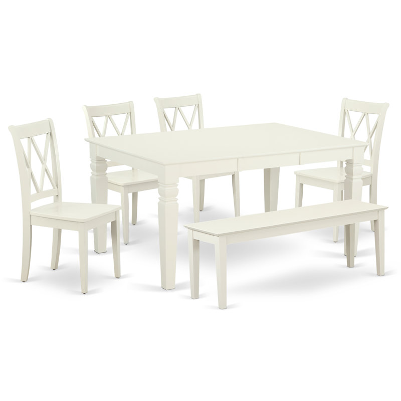 6 Piece Dining Room Furniture Set Contains a Rectangle Kitchen Table with Butterfly Leaf and 4 Dining Chairs with a Bench, Linen White