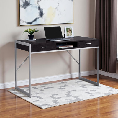 Miroslava Dark Brown 2-Drawers Computer Desk with Silver Metal Legs, 29.85" H X 47.73" W X 21.89" D