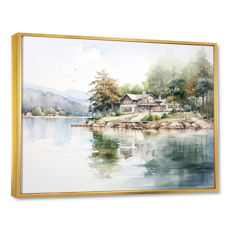 Beauté réfléchissante Lake House, H 24 po x l 32 po x P 1 po, Cadre flottant doré